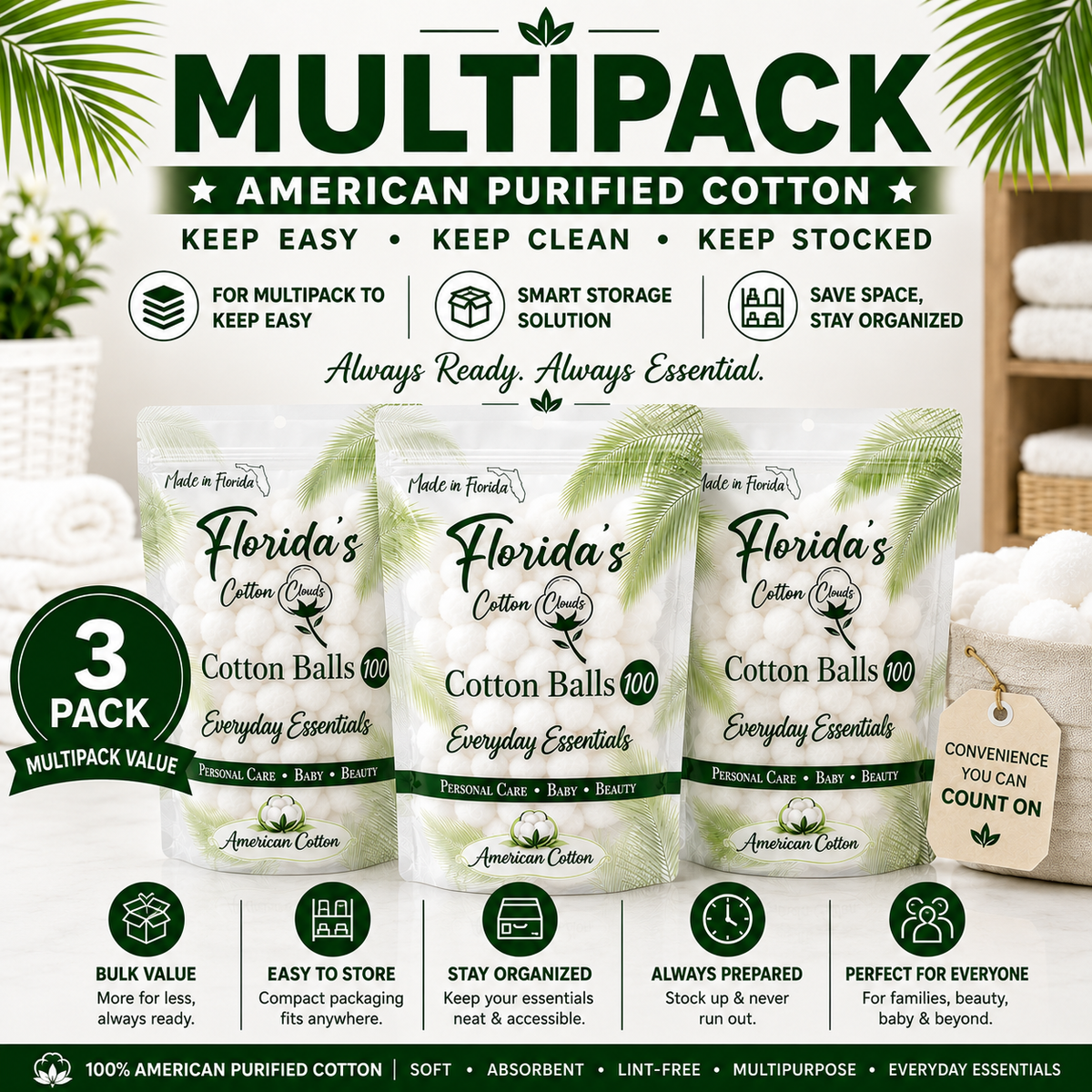 Cotton Balls 300 Count (3 Pack), American Purified Cotton, Made in USA